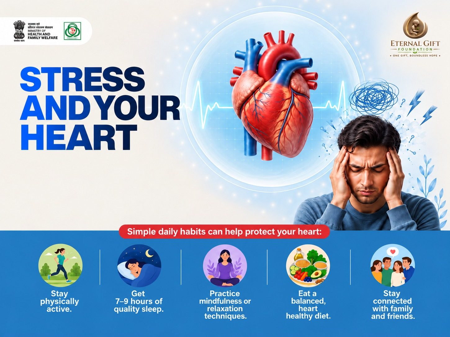 Stress and your heart — simple daily habits can help protect your heart: stay physically active, get 7–9 hours of quality sleep, practise mindfulness, eat a balanced heart-healthy diet, stay connected with family and friends